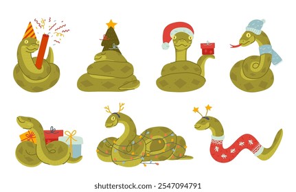 Cute snakes New Year symbol and funny Christmas character with different holidays accessories isolated set. Kawaii reptile mascot wearing garlands, Santa hat with gifts and lights vector illustration