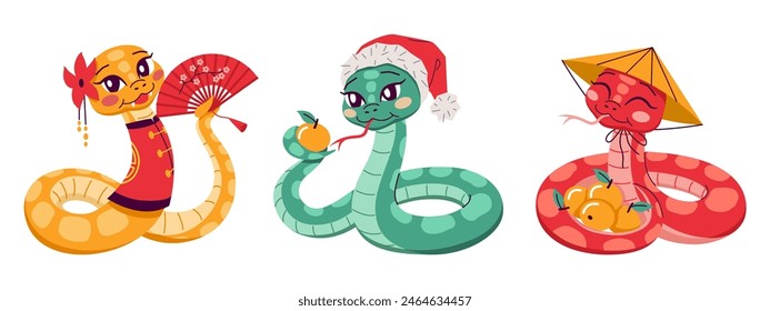 Cute snakes representing Chinese zodiac year 2D cartoon characters set. Reptiles with Asian accessories isolated vector animals on white