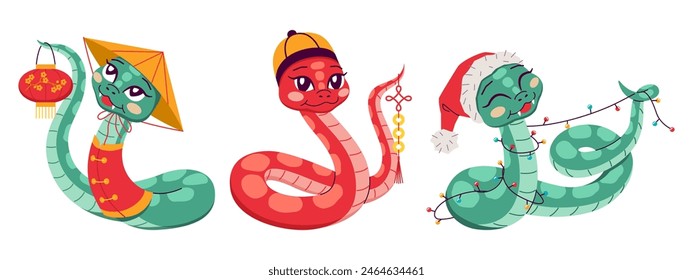 Cute snakes representing Chinese zodiac year 2D cartoon characters set. Reptiles with Asian accessories isolated vector animals on white