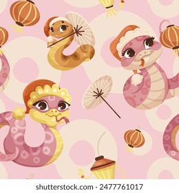 Cute snakes with Santa hats and umbrellas on a pink background with lanterns. Vector illustration
