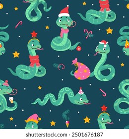 Serpientes lindas sin patrón. Navidades serpiente de año nuevo, Plantilla imprimible de vacaciones de invierno para carteles de envoltura de tela. Fondo de Vector de dibujos animados de hoy en día