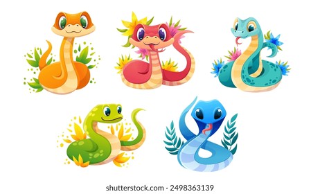 Cute snakes set. Chinese 2025 New Year symbol. Snake characters in different poses with flowers and leaves. Smiling kawaii serpent. Cartoon vector illustration isolated on white background