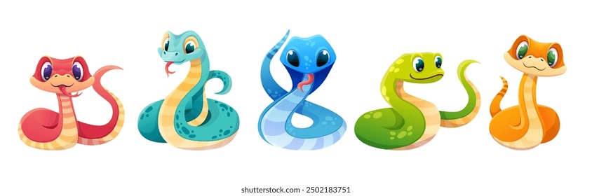 Cute snakes set. Chinese 2025 New Year symbol. Snake characters in different poses . Smiling kawaii serpent. Cartoon vector illustration isolated on white background