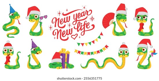 Cute snakes set. Chinese 2025 New Year symbol. Chinese horoscope zodiac sign. Snake characters in different pose, in Santa hat, with gift box. Cartoon vector illustration isolated on white background