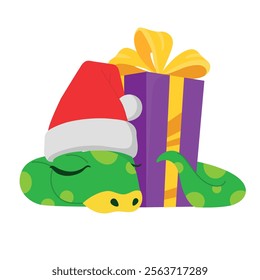 Cute snakes set. Chinese 2025 New Year symbol. Chinese horoscope zodiac sign. Snake characters in different pose, in Santa hat, with gift box. Cartoon vector illustration isolated on white background