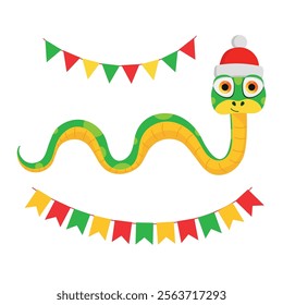 Cute snakes set. Chinese 2025 New Year symbol. Chinese horoscope zodiac sign. Snake characters in different pose, in Santa hat, with gift box. Cartoon vector illustration isolated on white background