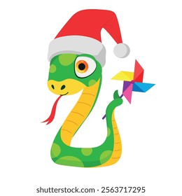 Cute snakes set. Chinese 2025 New Year symbol. Chinese horoscope zodiac sign. Snake characters in different pose, in Santa hat, with gift box. Cartoon vector illustration isolated on white background