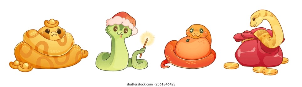 Cute snakes set isolated on white background. Contemporary vector cartoon illustration of reptile characters with Santa hat, golden coins in sack, symbol of New Year 2025 and wealth, exotic animal