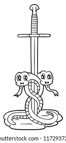 Cute snakes with sword, coloring page illustration