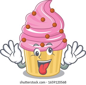 Cute sneaky Strawberry cupcake Cartoon character with a crazy face