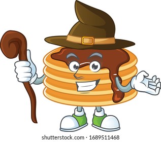Cute and sneaky Witch chocolate cream pancake in a cartoon design style 