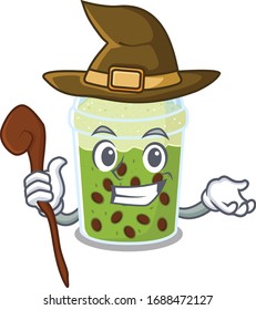 Cute and sneaky Witch matcha bubble tea cartoon design style