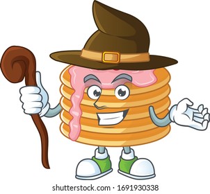 Cute and sneaky Witch strawberry cream pancake cartoon design style
