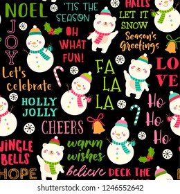 Cute snoman, polar bear and fun typography with christmas elements seamless pattern background