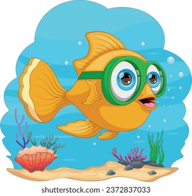 cute snorkeling fish cartoon on white background