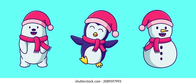 cute snow animal vector illustration. celebrate christmas in the snow with flat design cartoon