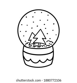 Cute globo de nieve con árboles de Navidad y nevadas adentro. Ilustración vectorial en blanco y negro de un globo de nieve sobre un fondo blanco. Objeto de vacaciones aislado para imprimir, tarjetas de felicitación, colorear.