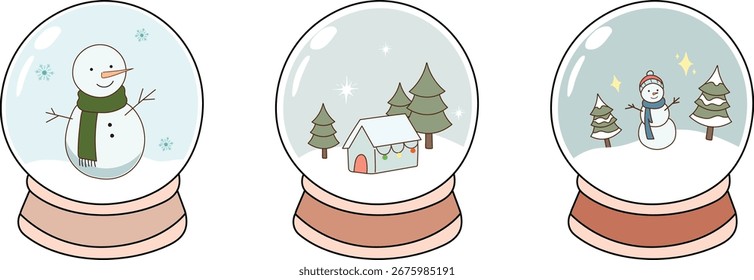 Cute snow globe doodle illustration collection set. Snowman inside of snow crystal ball in winter christmas season vector isolated for asset, design, poster, children