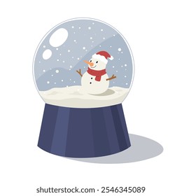 Nette Schneekugel mit fallendem Schnee und kleiner Schneemann einzeln auf weißem Hintergrund. Konzept des Weihnachtsfestes, Geschenk, Wintersaison, dekoratives Objekt. Frohe Weihnachten und einen guten Rutsch ins neue Jahr.