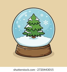 Linda ilustración de globo de nieve con un árbol de hoja perenne rodeado de nieve y copos de nieve que caen. Acogedora obra de arte de invierno perfecta para tarjetas de temporada, decoraciones festivas, diseños de pegatinas, impresiones digitales e ilustraciones para niños.
