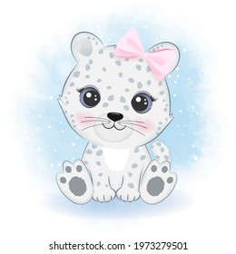 Cute snow leopard cartoon arctic animal watercolor illustration