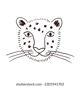 Dibujo de dibujos animados de dibujos animados de la mano de un leopardo de las nieves. Arte de línea, diseño de estilo de dibujo, vector aislado. Animales tropicales, vida silvestre de la jungla, gatos grandes, safari, naturaleza, elemento impreso