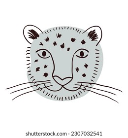 Dibujo de dibujos animados de dibujos animados de la mano de un leopardo de las nieves. Arte de línea, diseño de estilo de dibujo, vector aislado. Animales tropicales, vida silvestre de la jungla, gatos grandes, safari, naturaleza, elemento impreso