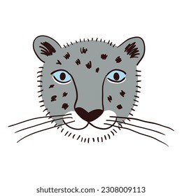 Dibujo de dibujos animados de dibujos animados de la mano de un leopardo de las nieves. Arte de línea, diseño de estilo de dibujo, vector aislado. Animales tropicales, vida silvestre de la jungla, gatos grandes, safari, naturaleza, elemento impreso