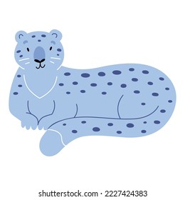 Cute snow leopard, white spotted lynx, mountain wildcat, adorable feline animal, stylized flat cartoon, vector illustration isolated on white background