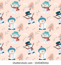 Cute snow man with Christmas tree seamless pattern.