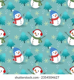 Cute snow man with Christmas tree seamless pattern.