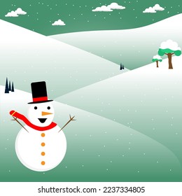 Cute-Schnee-Mann flacher Cartoon auf dem Bergschnee-Vektorgrafik fröhliches Weihnachtskonzept