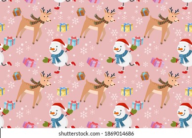 Cute snow man with gift and deer seamless pattern.