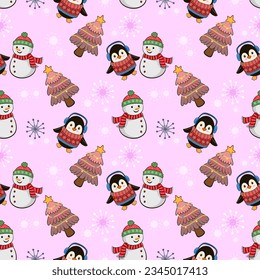 Cute snow man and penguin with Christmas tree seamless pattern for fabric, textile, wallpaper, gift wrap paper.