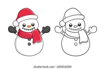 Cute snow man wearing a Santa hat and scarf outline and colored doodle cartoon illustration set. Winter Christmas theme coloring book page activity for kids and adults.