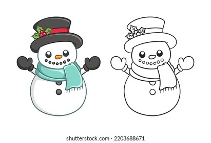 Cute snow man wearing a top hat with mistletoe and scarf outline and colored doodle cartoon illustration set. Winter Christmas theme coloring book page activity for kids and adults.