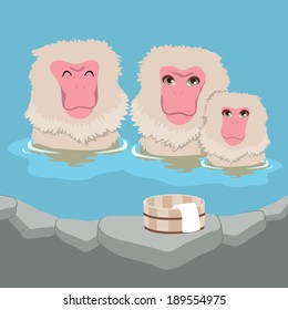 Cute snow monkey Japanese macaques family having hot springs bath at traditional onsen