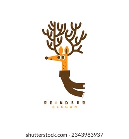 Cute snow reindeer with big antler and shawl logo design. Winter deer logo vector