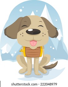 Cute Snow Rescue Hero Helping Trained Dog Canine Puppy vector illustration. 