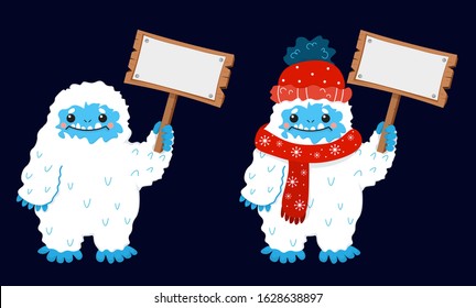 Cute snow yeti with blank sign placard hold in hand vector image. Isolated on dark background. With winter clothes.