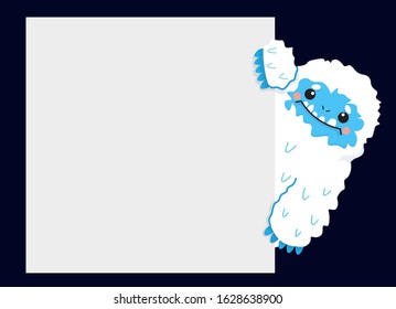 Cute snow yeti with blank sign placard vector image. Isolated on dark background. 