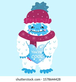 Cute snow yeti with heart you are cool vector image. Isolated on light background. With winter clothes. 