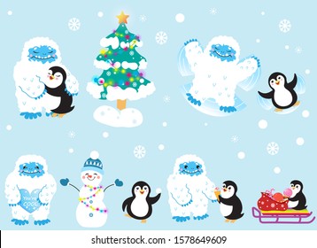 Cute snow yeti and his friend penguin celebrating Christmas and New Year vector set. Isolated on light background.