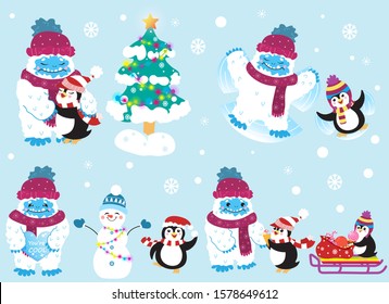 Cute snow yeti and his friend penguin celebrating Christmas and New Year vector set. With winter clothes. Isolated on light background.