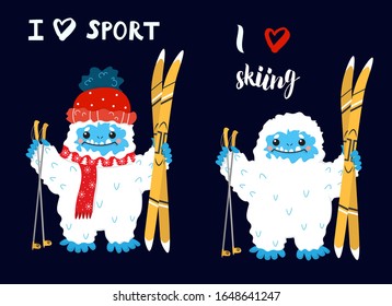 Cute snow yeti holding skis vector set. I love sport and skiing. Happy cartoon yeti with red winter hat and scarf. Winter holidays and activities.