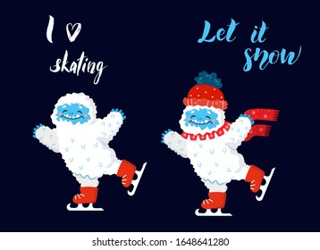 Cute snow yeti I love skating vector set. Happy cartoon yeti with red winter hat and scarf. Winter holidays and activities.