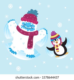 Cute Snow Yeti And Penguin Doing Snow Angels Vector Image. With Winter Clothes.