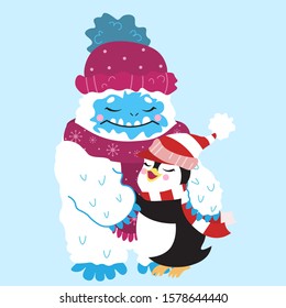Cute snow yeti and penguin hug vector image. With winter clothes. Isolated on light background