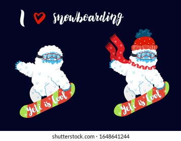 Cute snow yeti snowboarding sport vector set. I love snowboarding. Happy cartoon yeti with red winter hat and scarf. Winter holidays and activities.