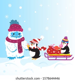 Cute snow yeti and two penguins with sweet gifts on sledge vector image. With winter clothes. 